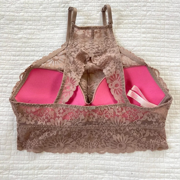 PINK Victoria’s Secret Lace Bralette Tan High Neck Small - Picture 3 of 6